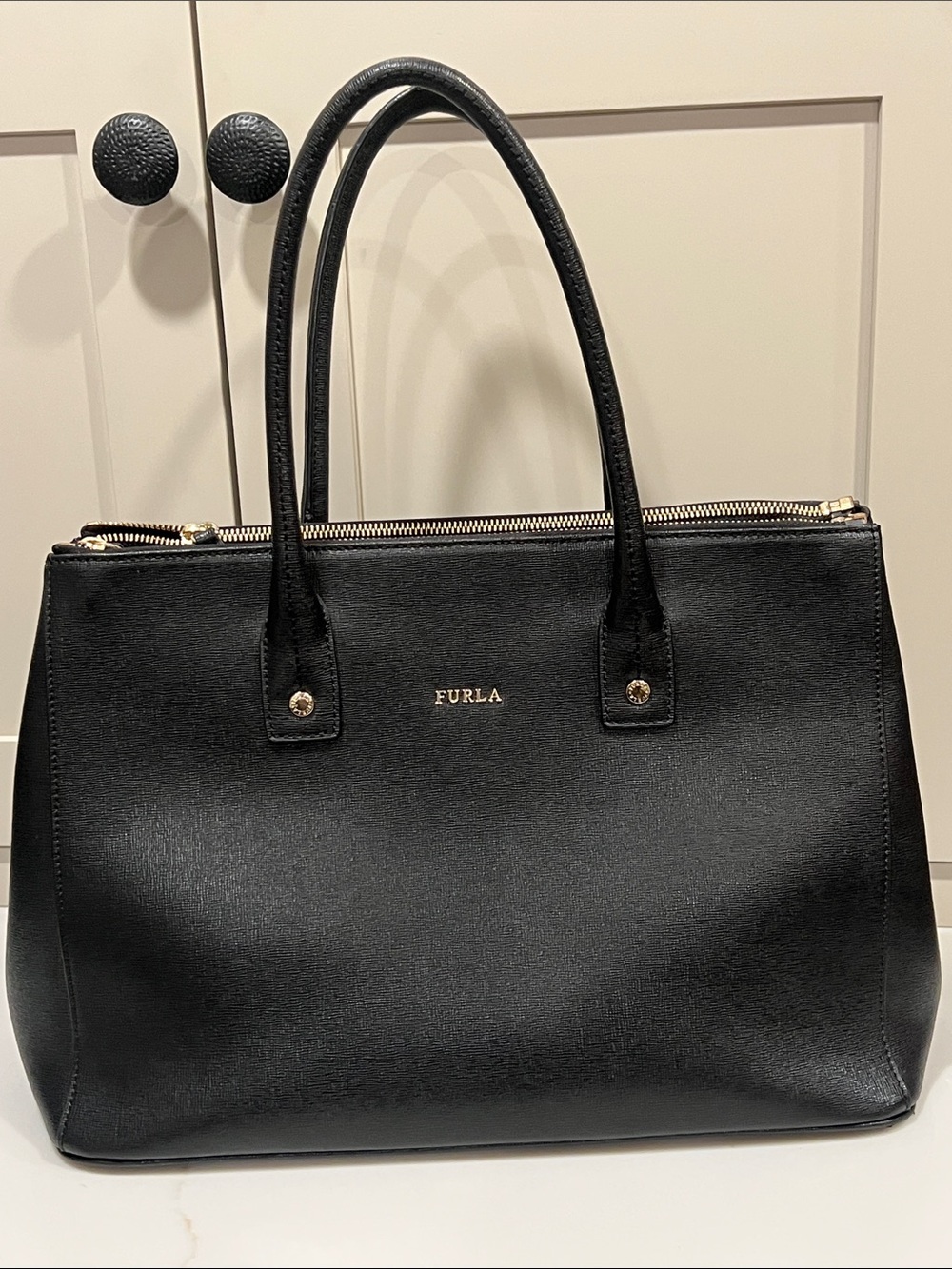Furla Black Saffiano Leather Satchel with Gold Hardware